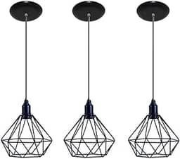 Pendentes Lustre Aramado Estilo Diamante, Kit Com 3 Peças, Preto, Cabo Ajustável de 1 Metros