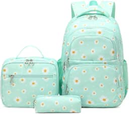 Conjunto de Mochila Escolar Feminina com Estampa de Margarida - 3 Peças com Bolsa de Almoço e Estojo de Lápis