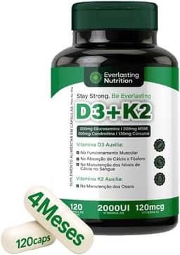 Suplemento D3 + K2 com Colágeno Tipo 2 e Glucosamina - 120 Cápsulas
