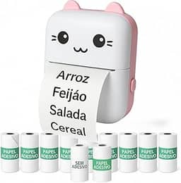 Mini impressora térmica portátil (Rosa) sem fio 200dpi + 10 rolos papel adesivo térmico e 1 rolo comum 57 * 30mm impressão bluetooth para fotos scanners, etiquetas