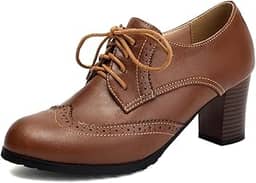 Sapato social feminino clássico bico redondo com cadarço Oxford salto alto bloco grosso vintage Brogues