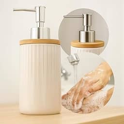 Dispenser de Sabonete Líquido 250ml em Cerâmica com Tampa de Bambu Pump Reforçado Recarregável Elegante para Banheiro Cozinha Lavabo Decoração Minimalista Durável Saboneteira Álcool Gel (Branco)