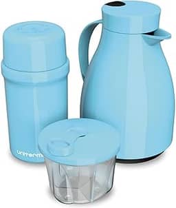Kit Café para Bebidas, 3 Peças, Garrafa Térmica 500ml, Garrafa 250ml, Pote Dosador, 8h Quente/12h Frio, Portátil P/Casa Passeio Viagem (Azul)