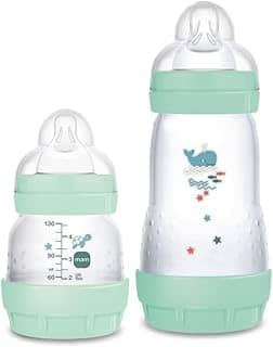 MAM Baby Kit 2 Mamadeiras Easy Start Starter Set Anticólica e Menos Bolhas de Ar, para Crianças 0+ Meses Autoesterilizável e com Bico de Silicone Skinsoft, Verde
