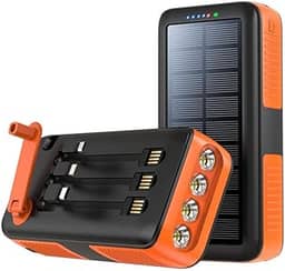 Banco de potência de carregamento solar de manivela, banco de potência portátil de 30000 mAh com 3 luzes LED de engrenagem, 3 cabos de carregamento Lightning, micro USB, tipo C (laranja)