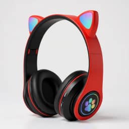 Fone de Ouvido Infantil Bluetooth com Orelhas de Gato, Luzes RGB, Dobrável, Ajustável, Conforto Prolongado e Conectividade Multiuso (Vermelho)