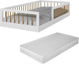 Cama Montessoriana Infantil Berço Grade De Proteção Quarto Da Criança Com Colchão Cor Branco/Nature