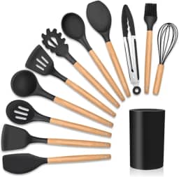 Kit 12 Utensílios De Cozinha Em Silicone E Cabo De Madeira Jogo De Utensílios Resistente ao Calor Antiaderente Premium GAXMARK
