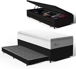 Bicama Box Baú Solteiro com Colchão de Molas Ensacadas Pillow Top Flora + Auxiliar Unique 88cm (Preto)