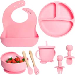 Kit Introdução Alimentar Bebê 8 Peças Prato + Bowl Babador Copo + Tampa com Canudo + 2 Talheres + 2 Talheres Ponta Silicone Cabo de Madeira 100% Silicone Antitóxico Premium (Rosa)