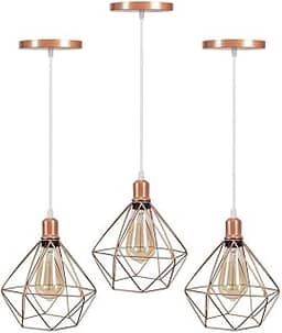 Kit 3 Lustre Pendentes Diamante Luminárias de Teto Cabo Regulável Modelo Diamante Rose Gold