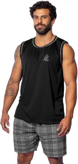 Pijama Masculino Verão, Regata com Short Xadrez Estampado, Conjunto para Dormir