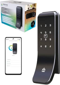 Smart Fechadura Digital Wi-Fi de Sobrepor Positivo Casa Inteligente, Abertura por Senha, Biometria, Tag, Chave e Aplicativo, Fechamento Automático – Preta