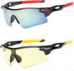 Kit 2 Óculos para Ciclismo, Proteção UV 400, Lentes Coloridas, Armação Preta com Detalhes em Vermelho e Amarelo