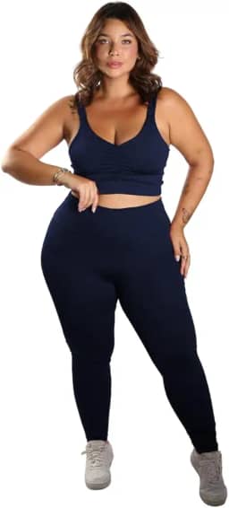 Conjunto Fitness Plus Size, Legging Cintura Alta e Top Franzido, Suplex, Preto (BR, Alfa, XG, Plus Size, Alto, Tamanho Plus, Preto)