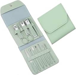 Kit Manicure Pedicure Profissiona Em Aço Inoxidável Com Bolsa Dobrável Verde - 12 Peças