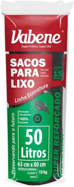 Saco para Lixo, 50 Litros, Preto 63x80 cm, 40 Micras, Vabene