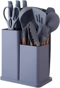 Conjunto de Utensílios de Cozinha 19 Peças em Silicone com Cabo de Madeira, Livre de BPA, Antiaderente e Resistente ao Calor (Cinza)