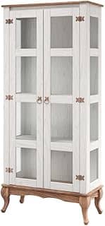 PENSE DENTRO DA CAIXA Cristaleira em Madeira Maciça com 2 Portas de Vidro - Estante para Armazenagem - Livreiro Tipo Vitrine com Duas Portas - Móvel para Sala de Jantar - Branco Envelhecido