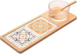 WOLFF - Conjunto 4 Peças Petisqueira Vidro com Colher Bandeja de Bambu e Tábua Ladrilho 32x12x5,5cm