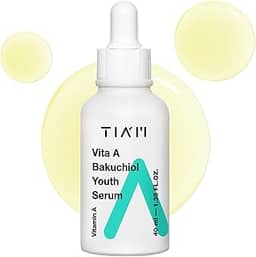TIA'M Sérum juvenil Vita A Bakuchiol, 40 ml, soro antienvelhecimento para rugas e manchas escuras, melhora a firmeza e a elasticidade, alternativa de retinol para pele sensível, cuidados com a pele