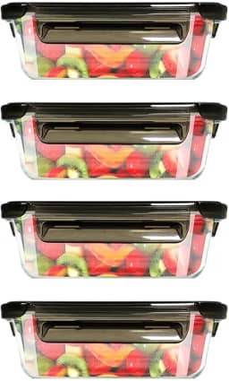 Kit 4 Potes de Vidro Hermético Retangular com Tampa, 680ml - Marmita para Comida com 4 Travas, Organizador Porta Frios e Mantimentos na Geladeira, Vai ao Microondas, Forno e Lava-Louças
