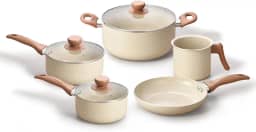 Oikos - Jogo com 5 Panelas Antiaderentes de Revestimento Cerâmica com Tampa de Vidro Terrara Bege com 5 Camadas para Fogão a Gás, Elétricos, Cerâmicos e Halogênio