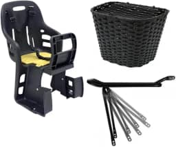 Kit Cadeirinha Infantil Traseira Bicicleta Bike + Bagageiro Garupa Suporte Articulado + Cesta C Tampa Grande Nylon Preta