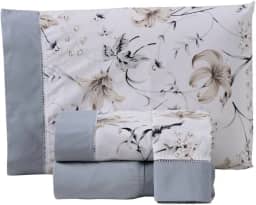 Jogo de Lençol Floral, 4 Peças, Percal 180 Fios, Estampado com Ponto Palito, Algodão/Poliéster, Casal, Queen ou King (Cinza, Casal King)