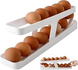 Organizador de Ovos Geladeira 2 Níveis Rolante – Porta Ovos Dispenser Automático para 14 Ovos | Compacto, Livre de BPA e Fácil de Limpar Linha Premium