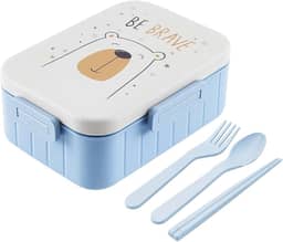Marmita Lancheira Pote Infantil Com Tampa Divisória Marmiteira Escola Creche Passeio Lanche Fruta Bento Box 1.2 Litros Hermética Com Talheres (Urso Azul)