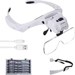 Lupa de cabeça YOCTOSUN com 5 luzes de LED, recarregável, mãos livres, lupa com 5 lentes intercambiáveis, ótimos óculos de lupa para joias, artes e artesanato, hobby