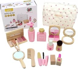 Conjunto de Maquiagem Infantil em Madeira, 17 Peças, Cosmético de Brinquedo com Estojo, Rosa e Natural, para Crianças Acima de 3 Anos, com Espelho e Pente