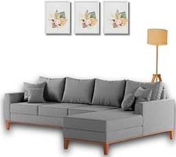 Sofá Beny com Chaise Direita, 2,60x1,40m, 4 Lugares, Linho, Base em Madeira. (Cinza)