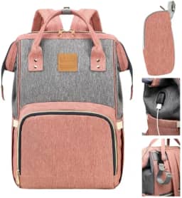 Bolsa Mochila Maternity Land Original Tradicional Com Usb+Bolsinha Porta Mamadeiras+Par de Ganchos (Rosa com Cinza)