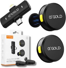 Microfone de Lapela Duplo Sem Fio α’GOLD Premium – Áudio Profissional, Cancelamento de Ruído, 10h Bateria, Compatível com iPhone e Android USB-C, Ideal para Vídeos, Lives e Podcasts