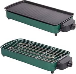 Versátil Churrasqueira Elétrica Portátil 110V Verde Ferro Inox 1500W Alta Potência Desmontável Fácil Limpeza Pouca Fumaça Controle de Temperatura Ótimo Para Casa e Acampamento