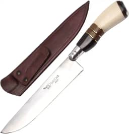 Facas Gaúcha, 1008OMC, Faca Gaúcha Churrasco 8" Cabo Curvo Chifre Madeira Osso, cor Inox, Couro