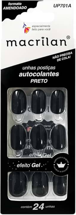 Macrilan Unhas Postiças Formato Amendoado Com Adesivo - Preto - Plástico Abs Up701A -