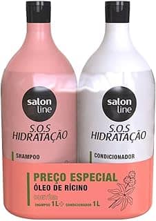 Salon Line, Kit Shampoo e Condicionador, SOS Hidratação, Óleo de Rícino, Vegano - Cabelos Lisos, Ondulados, Cacheados e Crespos, 1 L cada