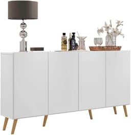 Aparador Buffet Retrô Veneza com Pés retrô e 4 Portas: Armário Organizador Multiuso (Cozinha, Sala de Jantar, Estar) - Branco Fosco - Multimóveis