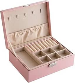 Caixa Porta Joia Grande 2 Andares Brincos Pulseira Colar com Tranca na Cor Rosa
