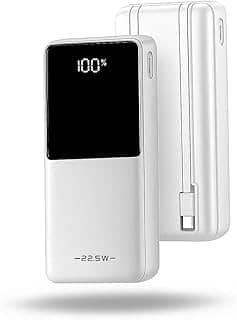 Power Bank Carregador portátil 20000mAh com Carregamento Turbo 22.5W, Saída Rápida Tipo-C e Lightning Integrados, Compatível com Android e iPhone, Cabo Embutido e Visor Digital de Carga (Branco)