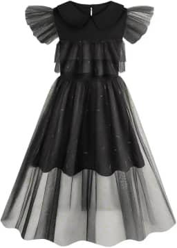 Fantasia Wandinha Addams Infantil e Juvenil Dia das Bruxas Vestido Preto Gótico com Tule e Gola Peter Pan, Estilo Família Addams para Halloween, Cosplay, Festas e Eventos Temáticos