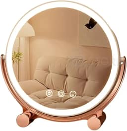 Espelho de Mesa Luzes LED em 3 Cores Recarregável Luxuoso para Maquiagem Penteadeira Regulável Redondo Rose Gold