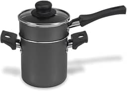 Multiflon Mini Cuscuzeira 10 centimetros Aluminio Antiaderente com Cabo e Tampa de Vidro Preto Vermelho Linha Versátil Resistente Durável e Saudável