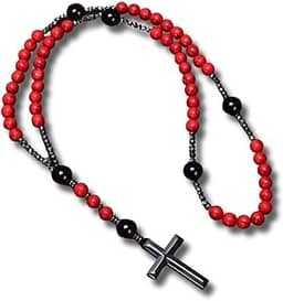 Terço Sagrado em Hematita, Coral Vermelho e Ônix - 'Premium Red' + Bolsa de Veludo