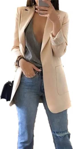 Blazer feminino de cor sólida, frente aberta, manga comprida, para escritório, cardigã com bolsos, plus size