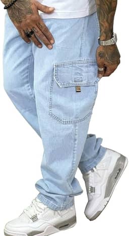 Calça Cargo Jeans Elástico E Cordão Na Cintura Bolsos Laterais