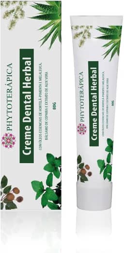 PHYTOTERAPICA - Creme Dental Herbal Adulto - Com extrato natural de Melaleuca, Menta, Copaíba e Aloe Vera, Controle de cáries e na remoção de manchas - 80g